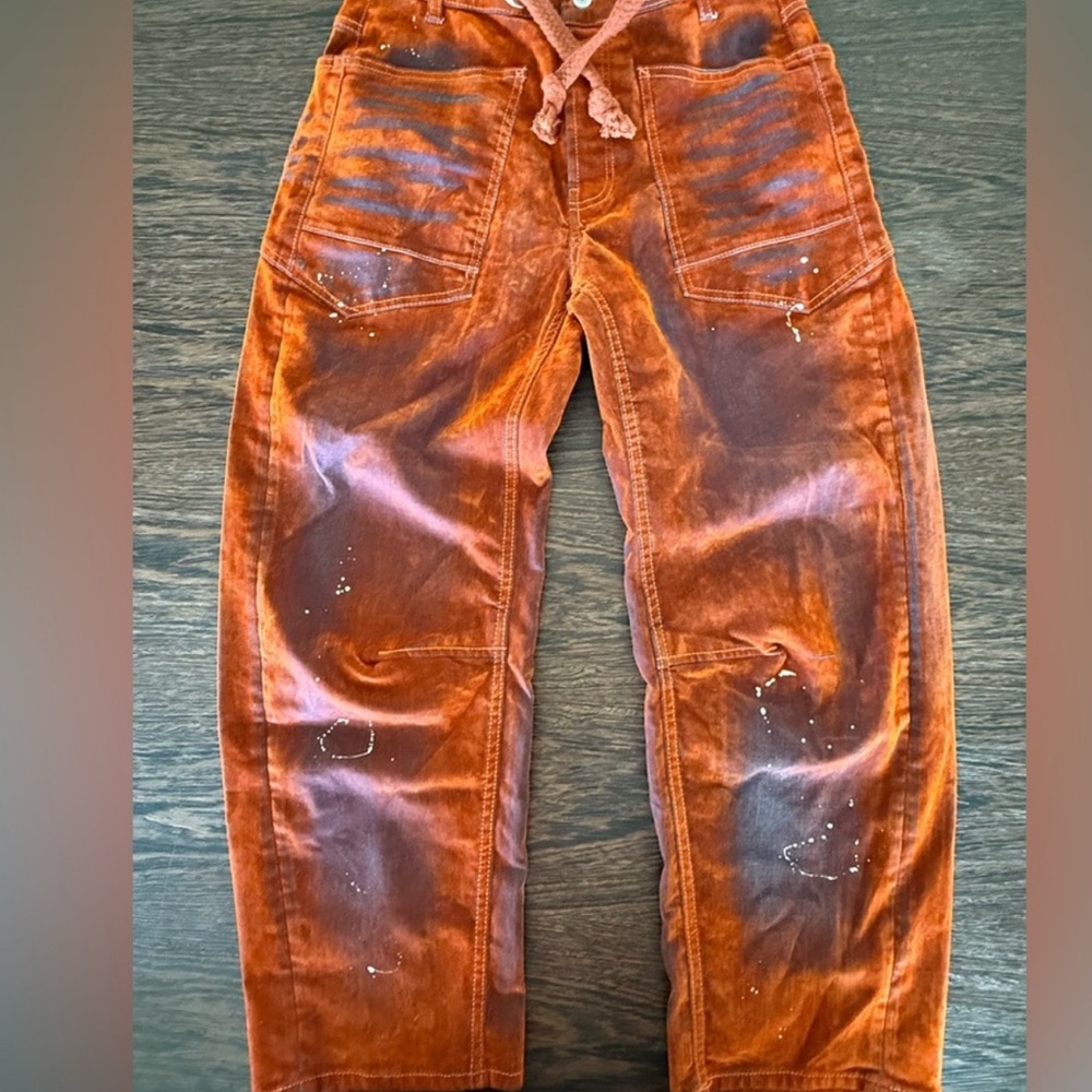 RARE WE THE FREE PEOPLE Tangerine Moxie Barrel Flocked Jeans Orange ๐ - Picture 9 of 14